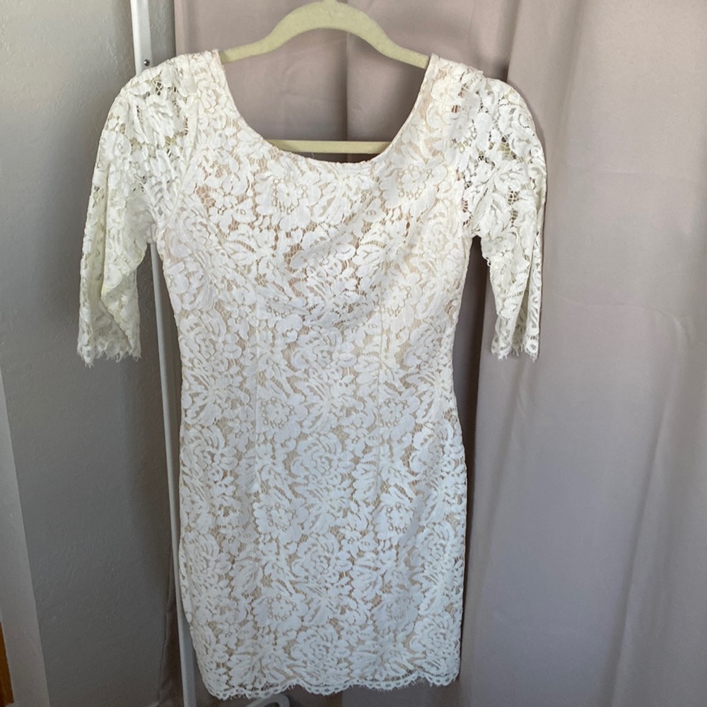 Lulu’s So Lovely White and Nude Lace Bodycon Dress, S